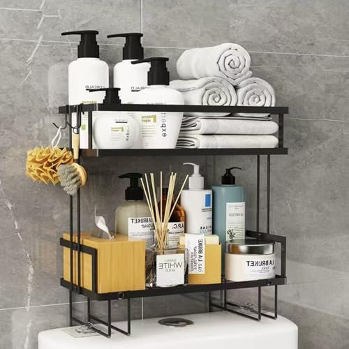 Pinkgarden Over-the-Toilet Storage Shelf, Large Capacity Bathroom Organizer, No-Drill Installation, Rust-Resistant Thick Steel, Space-Saving Over Toilet Bathroom Shelf (Black, 2 Tier)