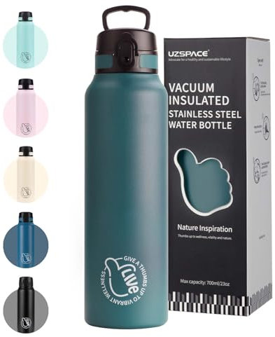 UZSPACE Botella de acero inoxidable de 1 l (970 ml), botella deportiva aislada de doble pared con tapa abatible, apertura con una mano, a prueba de fugas, botella de agua para senderismo, deportes