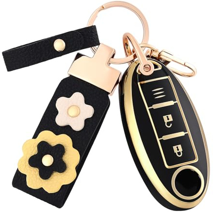 OFF WE GO Coque Clé Etui Cles pour Nissan X-Trail Qashqai Murano Micra Leaf Kicks Tiida Pathfinder Note Juke Cube Boitier Clé Voiture Étui Clés avec Porte-clés Voiture Clé à Télécommande, Noir Or