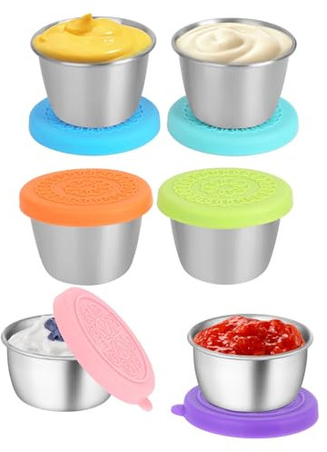 Yuannee Récipient à Vinaigrette Tasses à Sauce,6 PCS Récipient Vinaigrette avec Couvercles en Silicone Petit Recipient Sauce en Acier Inoxydable avec Couvercles Silicone pour Salades Condiments