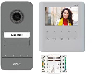 CAME Kit videocitofonico monofamiliare include videocitofono moderno vivavoce PLX V con display LCD da 5” bianco per audiolesi, targa esterna LHS V/01 con un pulsante di chiamata e alimentatore