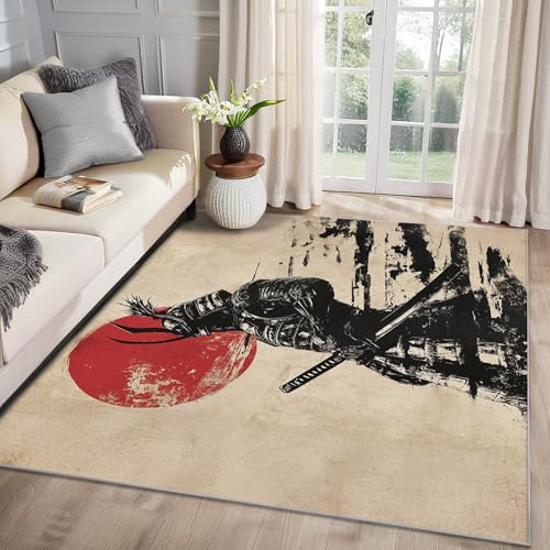 MMYAOKEN Japanischer Stil Teppich Wohnzimmer 50x80 Japan Samurai Deko, Kleiner Teppich Kurzflor, Weich rutschfest Waschbare Teppiche, Fußmatte Bettvorleger Schlafzimmer Kinderzimmer