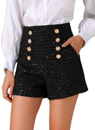 Allegra K Femme Short Tweed Paillettes Bouton Taille Haute Jambe Large | Poches Latérales Détails Pailletés Polyvalent pour Bureau Soirée Rendez Vous Fermeture Boutonnée devant