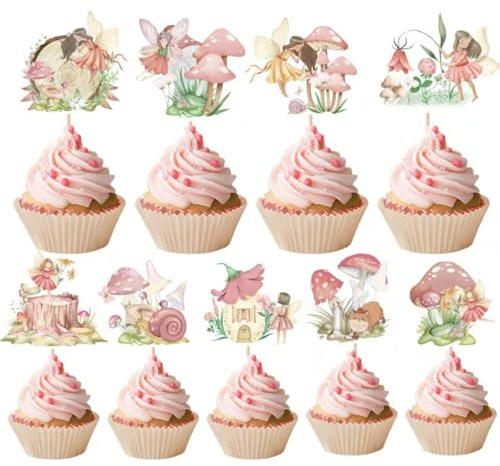 VGRDTW Fairy Cake Decorations, 36PCS Fairy Party Supplies, Baby in Bloom Baby Shower, Fairy Mushroom Birthday Table Toppers for Girls First Birthday