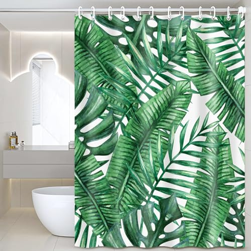 FAVORTALK Shower Curtain Tropical Leaves Shower Curtain Green Palm Leaf Plant Bathroom Curtain 180 x 180 cm Waterproof Mildew & Mould Resistant Polyester Fabric Bath Curtain with 12 Hooks 43911