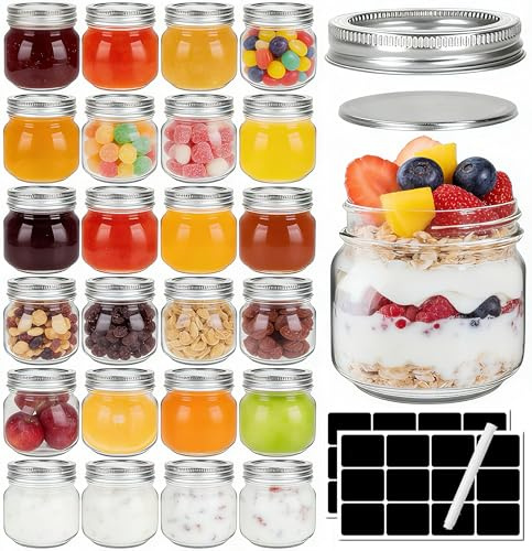 1ZIZIFA8 24 Pack Glass Mason Jars, 240 ml Canning Jars with Lids - 8 oz Airtight Glass Jars for Pickling, Jam, Jelly, Fermenting, Honey & Spice Storage - Reusable & Leak Proof