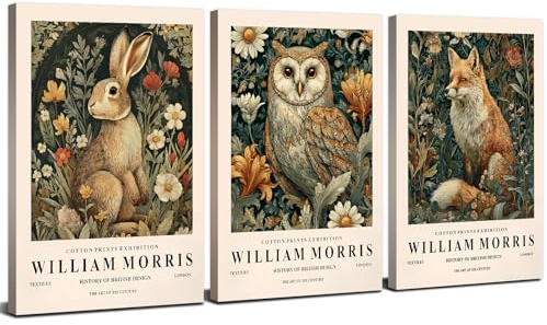 3Pcs Vintage William Morris Blumenmotiven Leinwandbild , Natur-Botanische Leinwanddrucke Rustikale Countryside Bilder mit Eule, Kaninchen und Fuchs, Leinwandkunstwerke für Wohnzimmer Wanddeko 30x40 cm