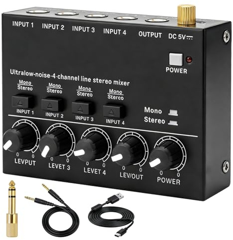 4-Kanal Audio Mixer Aktiver Mischer Mischpult Mit 3,5mm auf 6,35mm Umschaltkabel, Stereo Audiomischer mit Lautstärkeregelung Kompakte Mischkonsole für Mikrofone Gitarren Bass E-Pianos