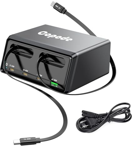 Copode 4-Port USB C Charging Station with Dual Retractable Cables,Desktop Multiple Devices Power Fast Charger for Laptop/Tablet/iPad Pro/Air, iPhone 17/Air/Ideal for Home,Office Use (Black)