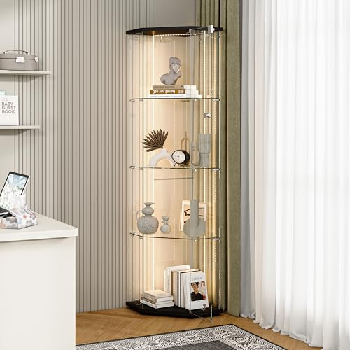 Zorvani Hörn glasskåp med 4 nivåer och LED-belysning, stående skåp, samlarskåp för vin, samlingar som förvaring i vardagsrum, sovrum