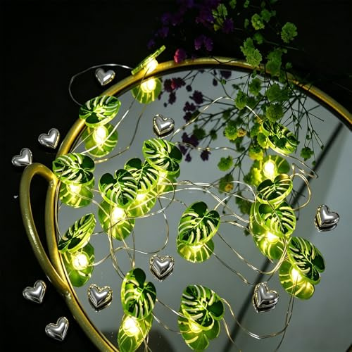 ZingBox Lichterkette Palmenblätter, 2m 20 LED, Monstera Blätter Lichterkette Blätter Batteriebetrieben, Hawaii Deko Innen Außen für Dschungel Hawaii Beach Party Sommer Geburtstag Kinderzimmer