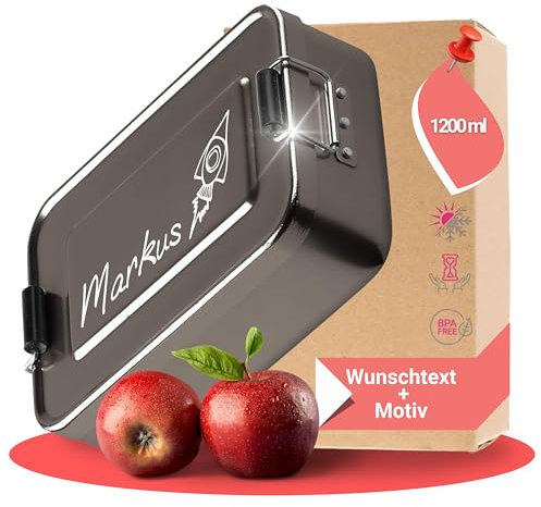 elasto – Personalisierte Brotdose mit Name aus Aluminium – BPA-freie Brotbox mit Gravur für Kindergarten, Schule & Ausflüge – Personalisierte Geschenke für Kinder (17x12x5 cm | Anthrazit Rakete)