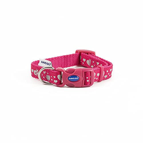 Ancol Fashion Collar Pink Reflective Hearts Adjustable Nylon Dog Collar for Puppies and Pets - Reflective Heart Design with Snap Buckle Fastening - Size 20-30cm