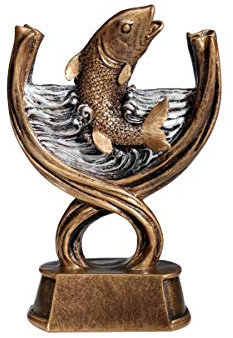 Henecka Angeln-Pokal, Angeln-Resinfigur Fisch, altgold mit Silber, mit Wunschgravur, Größe 16,8 cm