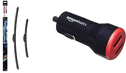 BOSCH AR653S Scheibenwischer Aerotwin Retrofit, Länge: 650/400 mm – 1 Set für Frontscheibe & Amazon Basics - Kfz-Ladegerät, USB-Anschluss: 2 Eingänge, Schwarz/Rot