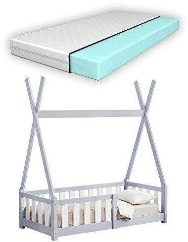 [en.casa] Kinderbett Helsingborg 70 x 140 cm mit Matratze und Rausfallschutz Lattenrost Tipi Zelt Jugendbett Bettgestell Kiefernholz Holzbett für Kinder Hellgrau