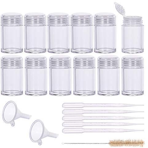 BENECREAT 12 Paquets Petits Pots de Bouteille en Plastique en Vrac contenants de Paillettes avec Tamis, Brosse de Nettoyage, Entonnoir et Compte-Gouttes pour Produit de Poudre de Maquillage