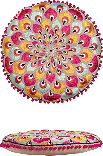 Orientalische Kissen Bodenkissen Bunt aus Baumwolle ø 55cm inklusive Füllung | Marokkanisches Sitzkissen Sitzpouf Azet -1- Rund | Orientalisches rundes Yogakissen Meditationskissen bestickt