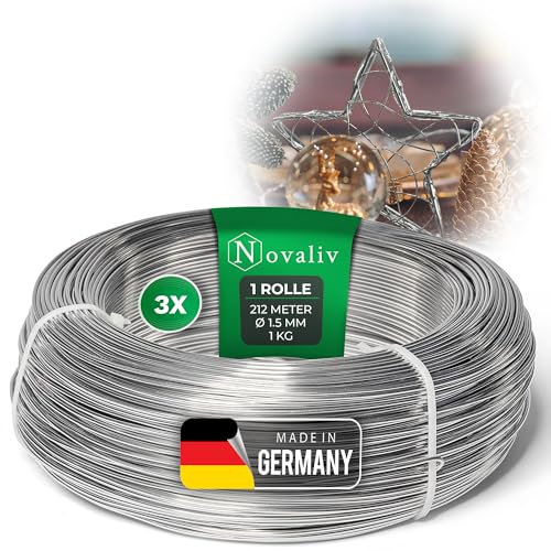 Novaliv 636 Meter Aluminiumdraht 1,5mm Silber, Basteldraht ideal als Biegedraht zum basteln, Vielseitig für DIY-Projekte und Dekorationen, 212m Rolle Dekodraht, Schmuckdraht, Blumendraht