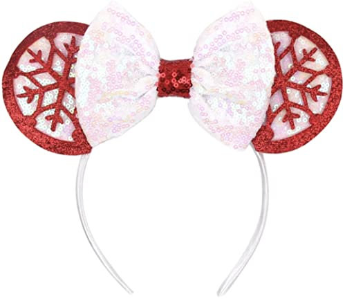 CLGIFT Oreilles de Minnie, flocon de neige de Noël, irisé, argenté, doré, bleu, arc-en-ciel, paillettes rouges classiques (flocon de neige rouge de Noël)