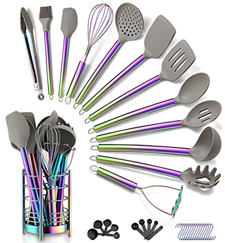 38 Piezas Utensilios De Cocina Antiadherentes para Ollas, Cabezal De Silicona Y Mango De Acero Inoxidable (ArcoIris)