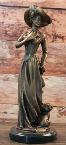 Casa Padrino Jugendstil Bronze Skulptur Dame mit Hund Bronzefarben/Schwarz 13 x 13 x H. 33 cm - Bronze Skulptur mit Marmorsockel - Barock & Jugendstil Deko Accessoires