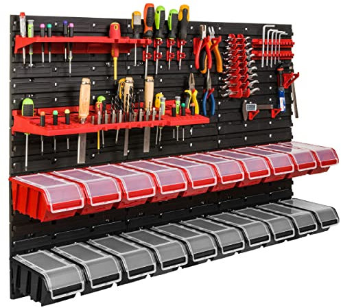 Lagersystem Werkstattregal | 117 x 78 cm | NPKL Wandregal mit Stapelboxen - Wandplatten Extra Starke Schüttenregal Warkzeuglochwand Lagerregal Garage Regal (4)
