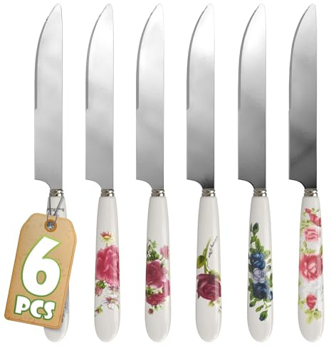 Floral Butter Knife Set of 6 – Cheese Spreader Knives with Easy-to-Grip Fancy Ceramic Handles, Serrated Stainless Steel Blade – Sturdy, Polished, Dishwasher-Safe Floral Knife Set for Daily Use & Festive Occasions