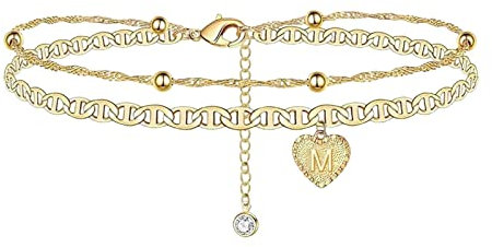 26 Buchstaben A-Z Herz Initial Strand-Fußkettchen für Damen, Handgemachte zierliche geschichtete Buchstaben Initial Herz Fußkettchen für Frauen, Strandschmuck Geschenke