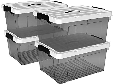 Cetomo 35L*4 Storage Boxes, Carry Plastic Storage Box with Lids, Organizing Container with Handle and Secure Latching Buckles, Stackable, Nestable, Tote Bin for Home Clothes, 35L-4Pack, Clear Black