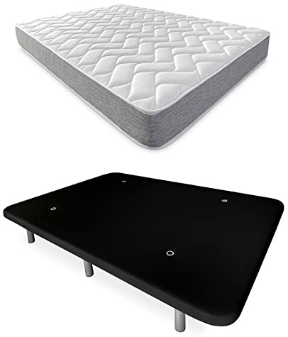DUÉRMETE ONLINE Komplettes Bett mit wendbarer Viscotec-Matratze + verstärktes, gepolstertes Untergestell in Schwarz mit 6 Metallbeinen, 105 x 190 cm