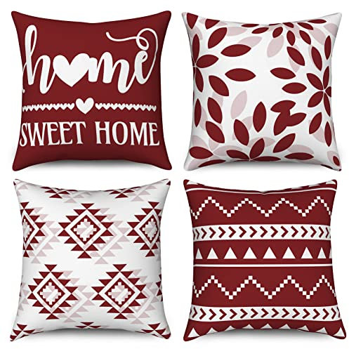 Hnmdmyi Kissenbezüge Rot und Weiß 45x45 4er Set, Boho Kissenbezüge Sweet Home Bauernhaus Modern Geometrisch Neutral Dekorative Leinen Kissenhülle für Sofa Couch Bett Garten Outdoor Home Decor