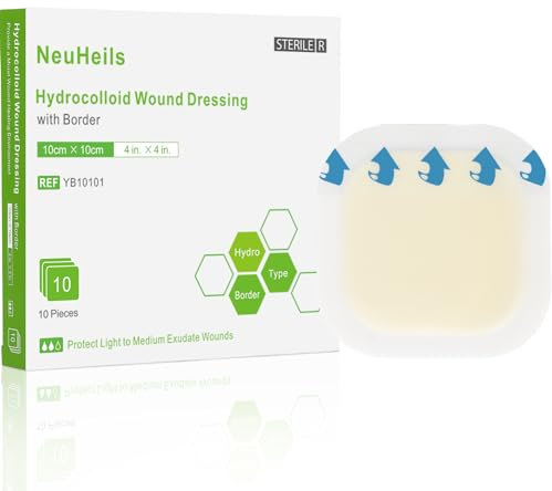NeuHeils Hydrokolloid-Klebebandagen, Hydrokolloid-Wundkompresse mit Rand, 10,2 x 10,2 cm, für leichte bis mittlere Wunden, Wundwunden, Wunden, leichte Verbrennungen, Abschürfungen, Schnitte,
