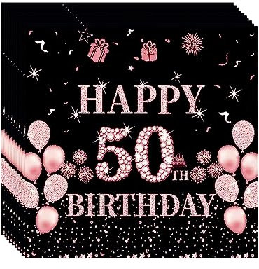 20P Black Rose 50th Birthday Paper Serviettes Napkins,Women Happy 50th Birthday Party Napkins Disposable,Birthday Serviettes Tissue Beverage Luncheon Decorative Paper Napkin for 50th Women,Her Party