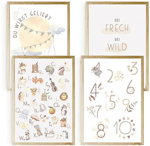 EULENTALER® Lernposter im Boho-Stil I Von Pädagogen kreativ & durchdacht gestaltet I ABC & Zahlen Poster für Kinder I Deko Bilder Kinderzimmer für Mädchen & Jungen (4er Set im DIN A4 Format)