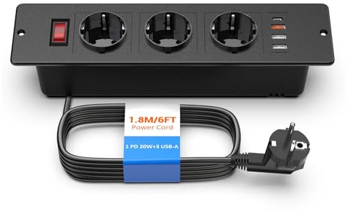 Prise Encastrable USB C PD 20W, Ohuo Multiprise Encastrable 3 Prises avec 3 Ports USB A avec Interrupteur, Câble 1.8m Noir