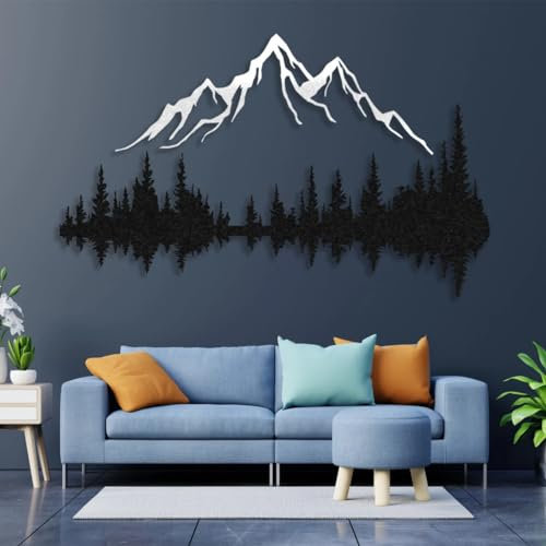 NORTH KAISER Metall Wandkunst | Berg und Wald Wanddeko | Große Wandskulptur aus Metall für Rustikales Zuhause, Wohnzimmer, Schlafzimmer, Innen und Outdoor (Weiss, 74 x 49.3 CM)
