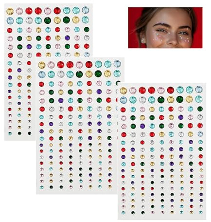 Nanaby Self Adhesive Face Gems - 3 Sheets Long-Lasting Coloured Diamonds Stickers Set, Temporary Tattoos for Party, Multicoloured, Waterproof - Durable Gems for Festival, Eye, Nail Sticker Tattoos