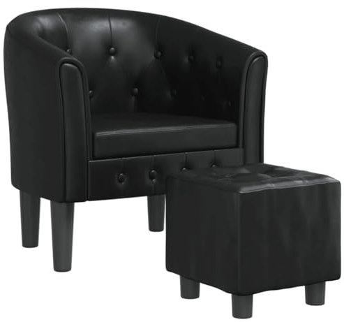 vidaXL Clubsessel, Sessel mit gepolstertem Sitz Armlehnen, Cocktailsessel mit Fußhocker, Loungesessel Relaxsessel Polstersessel, Schwarz Kunstleder