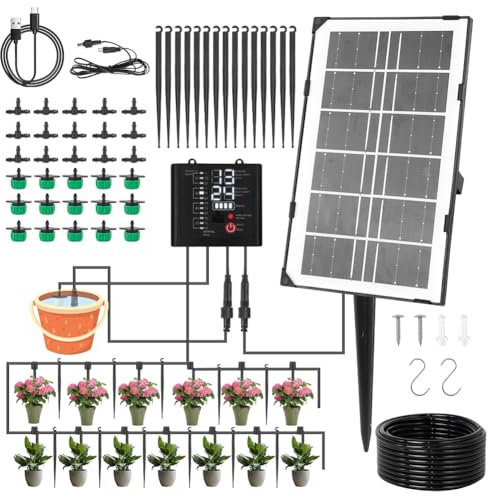irrigazione automatica - Sistema di irrigazione solare 2024 Ultime notizie, Progettato per balconi, giardini e piante in vaso,12 modalità di irrigazione, tubo dell'acqua da 10 metri.