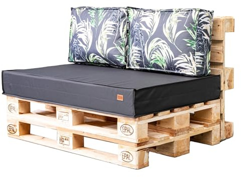 GoldenGroup Gartenset Kissen für Palettenmöbel Graphit & Palmen, Strapazierfähiges Gewebe, Palettenkissen Set Gefüllt Schaumgranulat & Schaumstoff, 120x80x10 Sitzkissen, (2X) 60x40x15 Rückenkissen