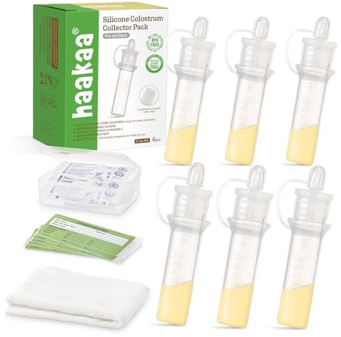 haakaa Silicone Colostrum Collector Kit, Breast Milk Collector with Cotton Cleaning Wipe, Label Stickers and Storage Case, Ready-to-Use, Reusable Storage Solution for New Moms, 4ml/6pcs