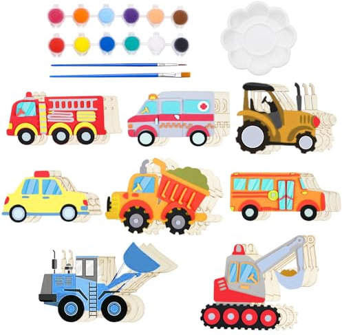 29 Stücke Auto Holz Basteln Kindergeburtstag, Verschiedene Holz Bastelset, DIY Holzmalerei Dekoration, Farbenfrohe Pinsel und Pigmente, Geeignet für Kindergeburtstag Spiele, Geburtstagsgeschenke