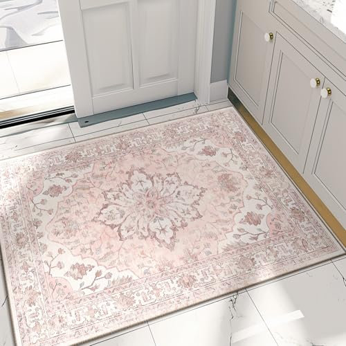 RELEANY 2x3 Area Rugs 2x3, Washable Rug, Non-Slip, Kitchen Rugs, Entryway Rug, Small Rug, Door Mat, Floor Carpet, Vintage Rugs Boho Floral Medallion, Low Pile, Soft,pink blush greypink