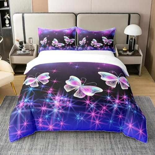 Loussiesd Schmetterlingsmuster Bettwäsche Butterflies Drucken Lila Bettwäsche Set 135x200cm 100% Baumwolle für Mädchen 3D Tier Theme Bettbezug Set Glitter Drucken (No Glitter) Betten Set