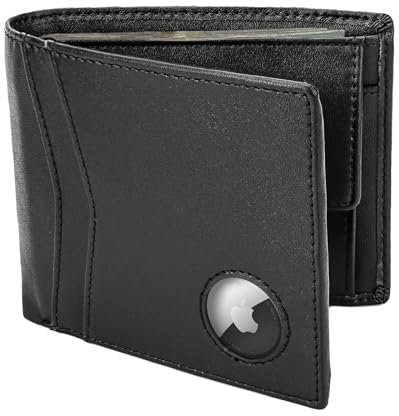 oriver AirTag – Portefeuille pour homme en cuir véritable avec blocage RFID, portefeuille à deux volets pour AirTag avec 2 fenêtres pour carte d'identité et 12 porte-cartes en cuir pleine fleur |