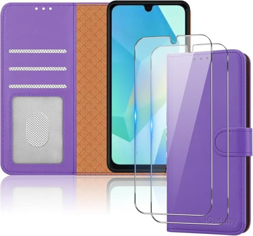 iCatchy for Samsung A16 Case with 2x Screen Protector Leather Magnetic Flip Cover Card Holder Kickstand Feature Full Protection Phone Cover Compatible with Galaxy A16 5G / 4G (Lilac)