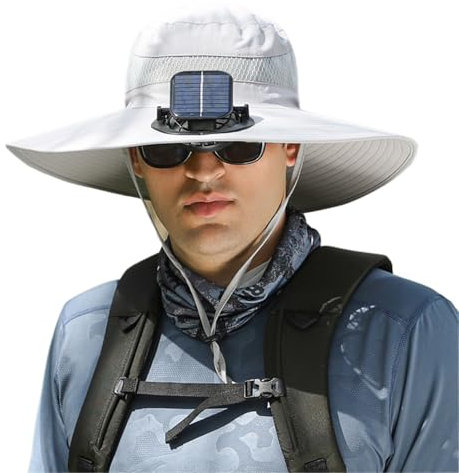 alloneslife Bucket Hat,Fisherman Hat,USB Rechargeable Fan Hat for Women Men Breathable Solar Power Fan Hat Sun Protective Hat Adult Cooling Fan Hat(Light Grey)