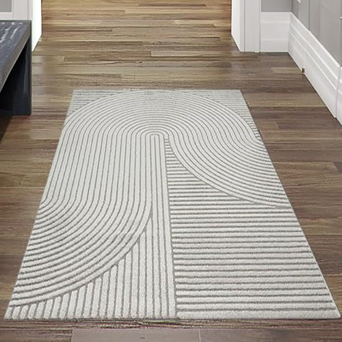 Teppich-Traum Teppich Wohnzimmerteppich Läuferteppich Flur Gang Lang Allergiker geeignet leicht zu pflegen Linien- und Bogenmuster in grau, 80 x 300 cm