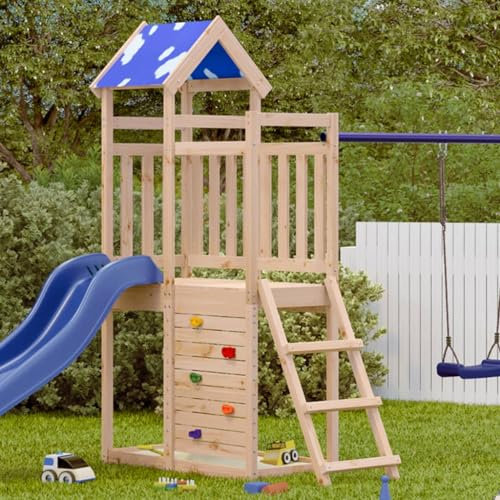 Juroupi Play Tower with Rockwall 110.5x52.5x215cm Solid Wood Pine,Outdoor Kids Playhouse,Play Tower,Playground Equipment-845923